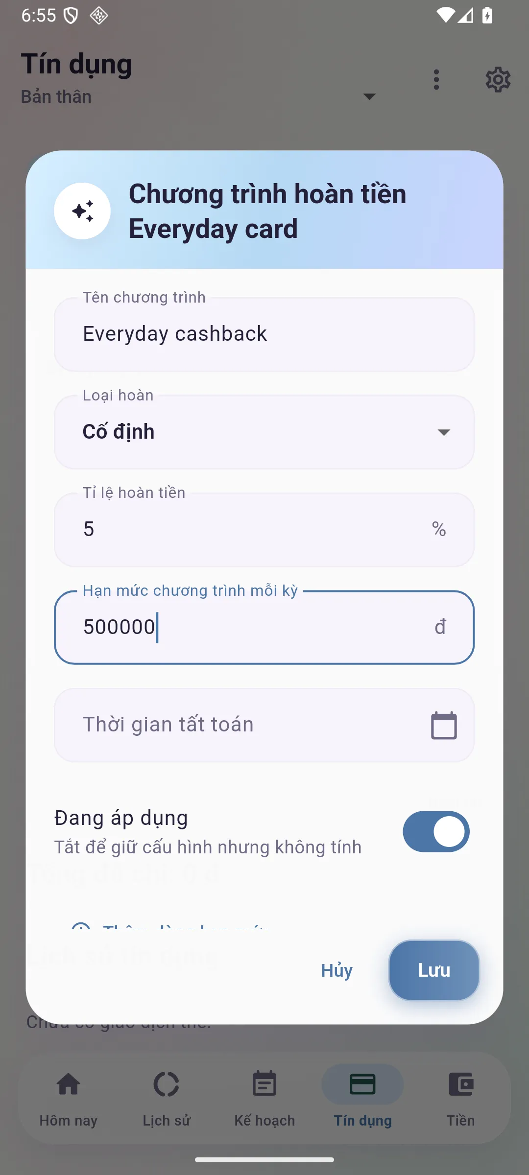 Actual Vinha cashback configuration form with sample rate and program limit